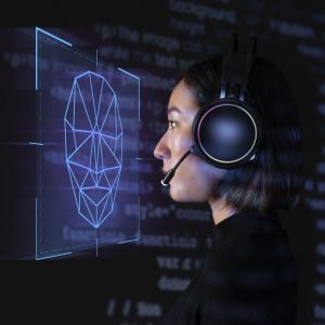 Female programmer scanning her face with biometric security tech